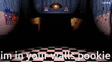 a room with a checkered floor and the words im in your walls pookie on the bottom