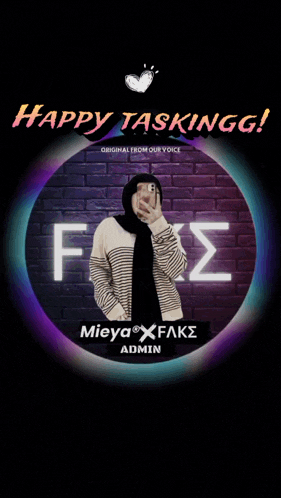 a poster that says happy taskingg and shows a woman taking a selfie