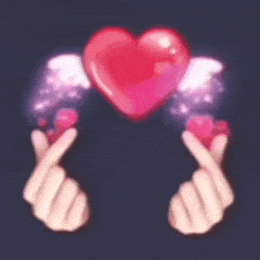 a person is making a heart with their fingers and a heart with wings behind them .