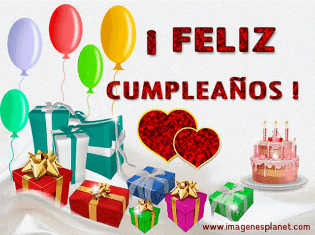 a birthday card that says feliz cumpleanos surrounded by gifts and balloons