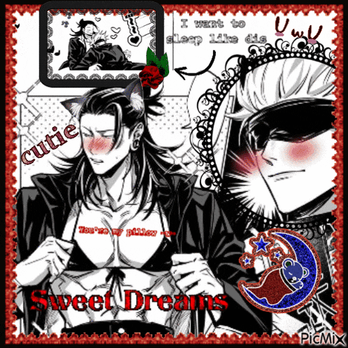 a black and white drawing of a man with a cat head and the words sweet dreams