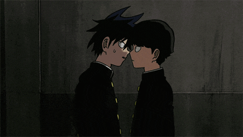 two anime characters are standing back to back in a dark room