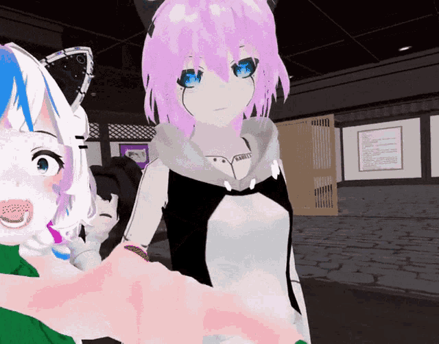 a girl with purple hair and blue eyes is standing next to a girl with white hair