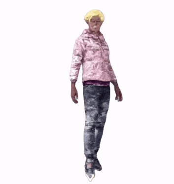 a person wearing a pink jacket and camo pants is dancing