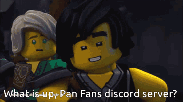 two lego characters are standing next to each other with the words " what is the pan fans discord server " written below them