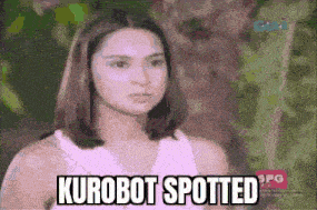 a woman in a white tank top is standing in front of a tree with the words kurobot spotted written on her face .