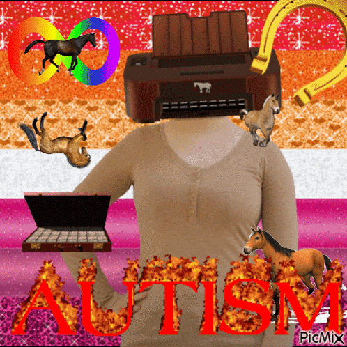 a woman with a printer on her head has the word autism in red