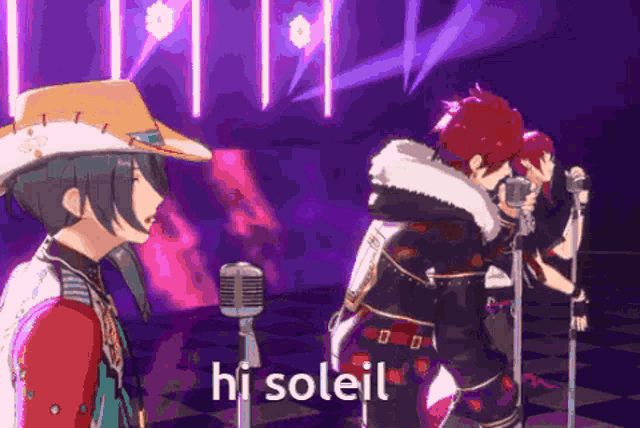 a group of anime characters singing into microphones with the words hi soleil written on the screen .