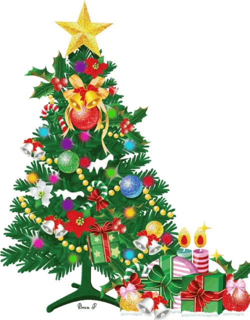 a christmas tree with a star on top and gifts underneath it