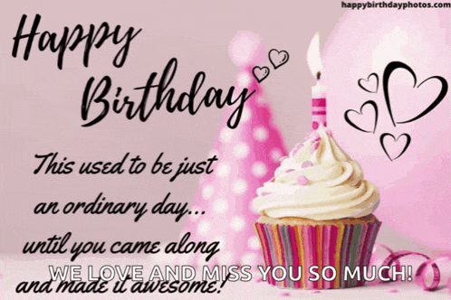 a pink birthday card with a cupcake and a candle