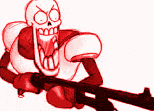 a cartoon drawing of a skeleton holding a rifle