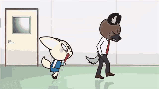 a cartoon of a fox and a hyena standing next to each other in a hallway