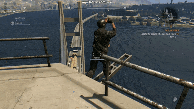 a screenshot of a video game shows a man standing on a railing overlooking the water