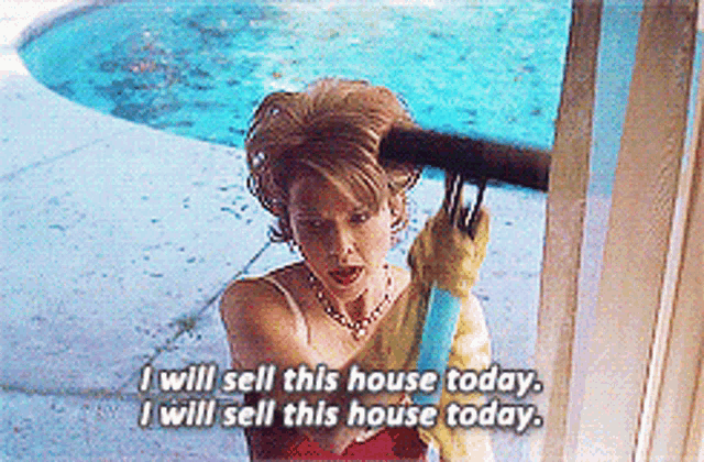 a woman is holding a mop in front of a pool and says " i will sell this house today "