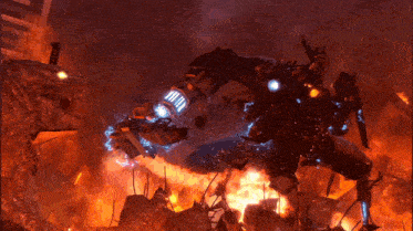 a robot with a blue light on its arm is flying through the air