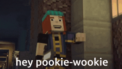 a minecraft character is holding a sword and saying hey pookie-wookie