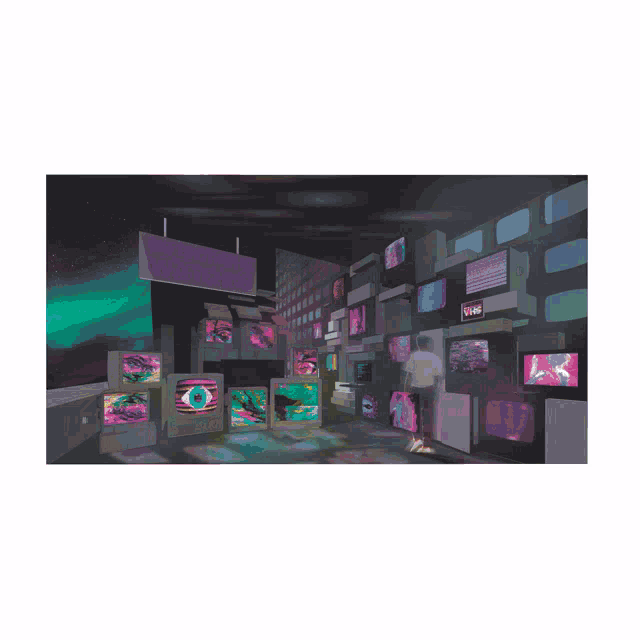 a sign that says " big brother is watching " hangs above a wall of televisions