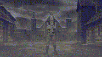 a black and white photo of a person standing in front of a castle with a sword in their hand .