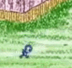 a pixelated image of a person walking on a lush green field .