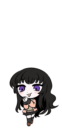 a cartoon girl with black hair and purple eyes is smiling