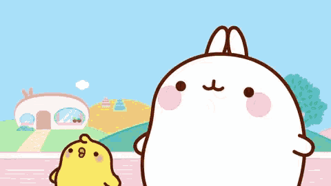 a cartoon rabbit and chicken are standing next to each other with a house in the background .