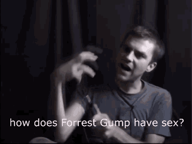 a man in a black shirt is talking about how forrest gump have sex