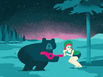 a bear is playing a pink guitar to a girl