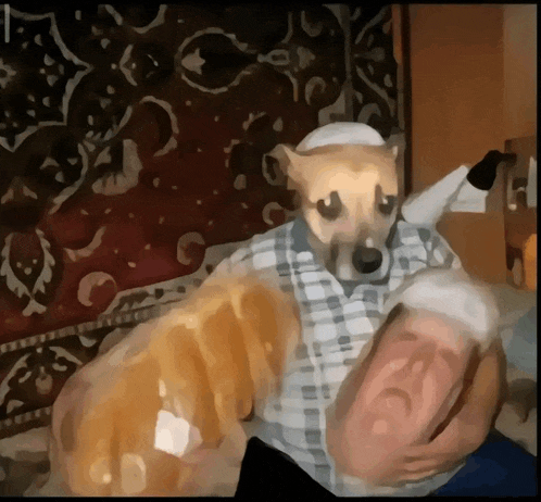 a painting of a man with a dog 's face on his shoulders
