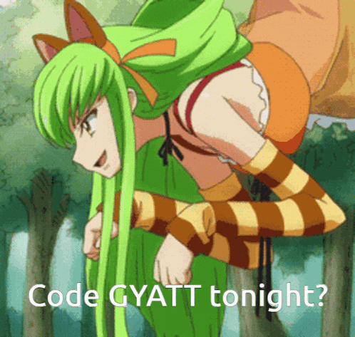 a picture of a girl with green hair and the words code gyatt tonight on the bottom
