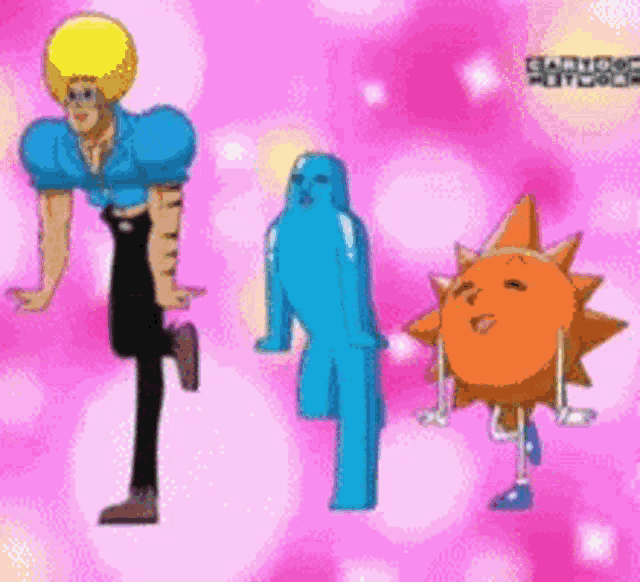 a group of cartoon characters standing next to each other on a pink background