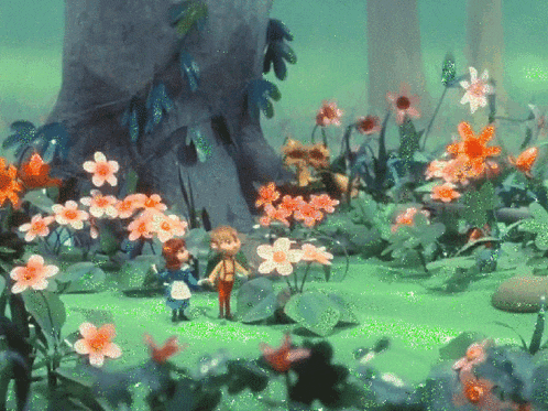a couple of cartoon characters standing in a garden of flowers