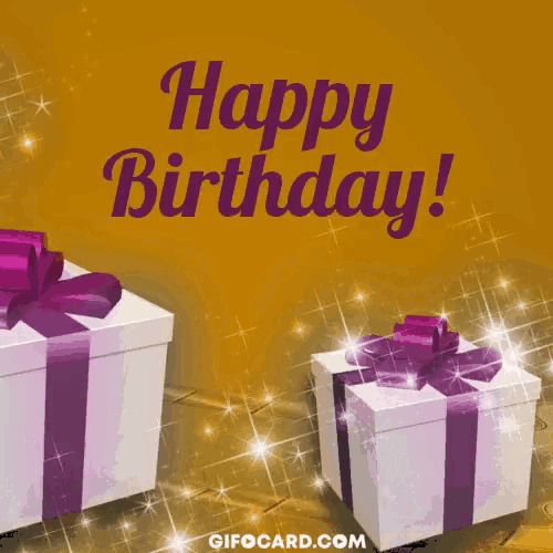 a happy birthday card with purple presents and a gifcard.com logo