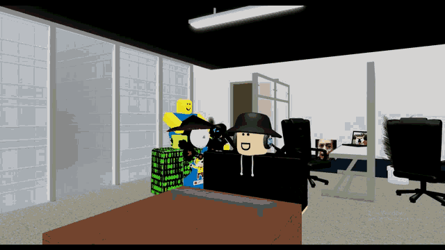 a group of roblox characters are standing around a desk