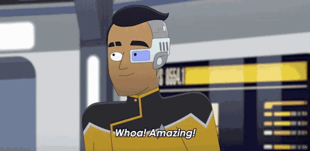 a cartoon character says " whoa! amazing " in a futuristic setting