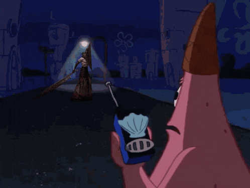 a cartoon of spongebob saying he 's just standing there while holding a flashlight