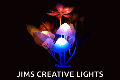 a poster for jims creative lights with mushrooms and flowers in the background