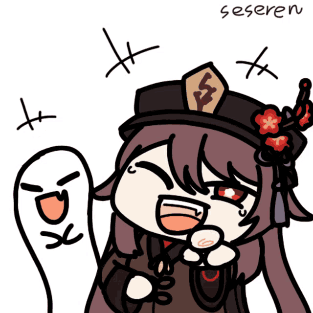 a cartoon drawing of a girl with a hat and a ghost with the word seseren below her
