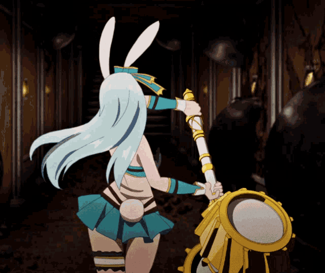 a girl with bunny ears is holding a hammer in her hand