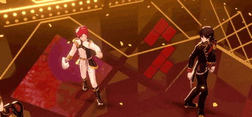 two anime characters are dancing on a stage in a video game