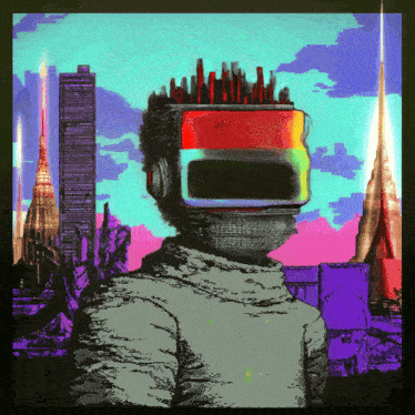 a drawing of a man wearing a virtual reality headset with a city in the background