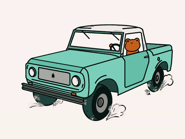 a frog sits in the back of a green truck
