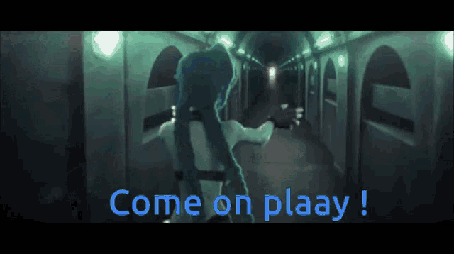 a woman with long blue hair is walking down a hallway with the words come on plaay written in blue