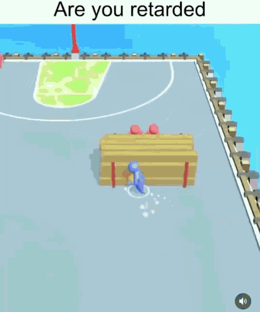 a basketball game is being played on a dock with the words are you retarded above it .