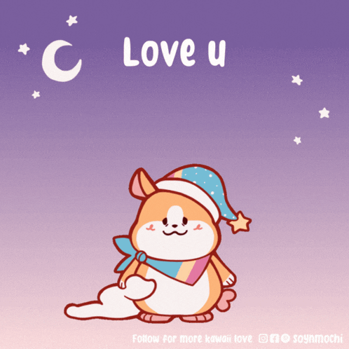 a cartoon of a dog wearing a sleep cap with the words " love u " above it