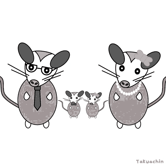 a family of opossums standing next to each other with the name takuachin on the bottom