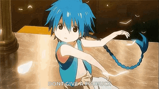 a young boy with blue hair and a braided tail is dancing in a room .