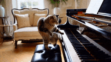 a cat playing a piano in a living room with a couch in the background