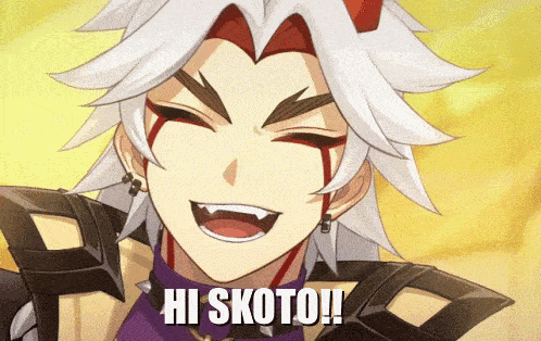 a close up of a cartoon character with the words hi skoto written on it