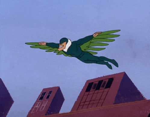 a cartoon character with green wings is flying through the air