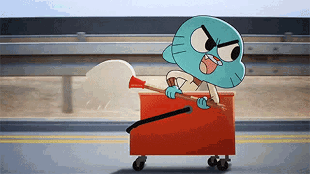 gumball from the amazing world of gumball is pushing a cart with a broom